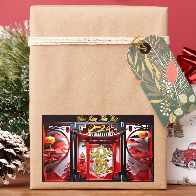 Vietnamesischer Drache Neujahr 2024 Origami SqS Rechteckiger Aufkleber (Feiertag)