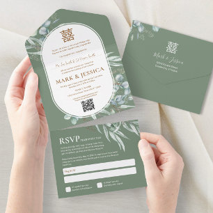 Vietnamesischer Eukalyptus-Rundrahmen-Hochzeit All In One Einladung