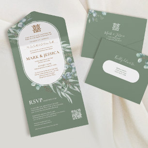 Vietnamesischer Eukalyptus-Rundrahmen-Hochzeit All In One Einladung
