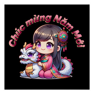 Vietnamesisches Neujahrsmädchen & Drache Poster