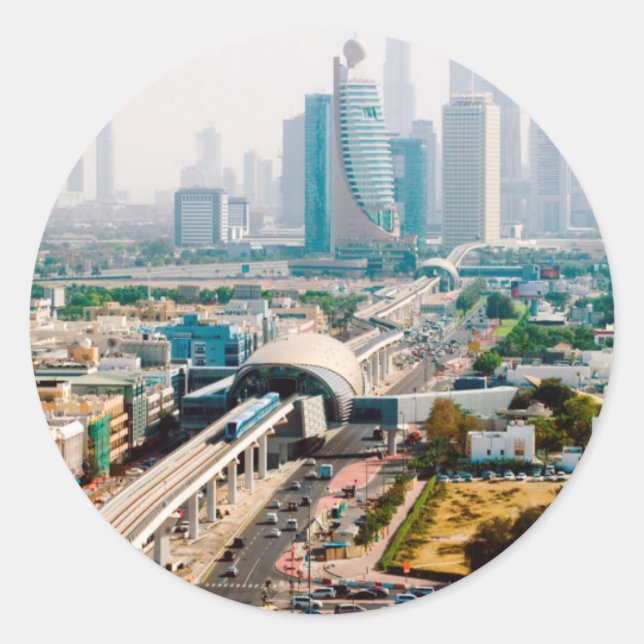 View of city metro line and skyscrapers runder aufkleber (Vorderseite)