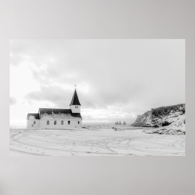 Vík i Myrdal Church Black and White Poster (Vorne)