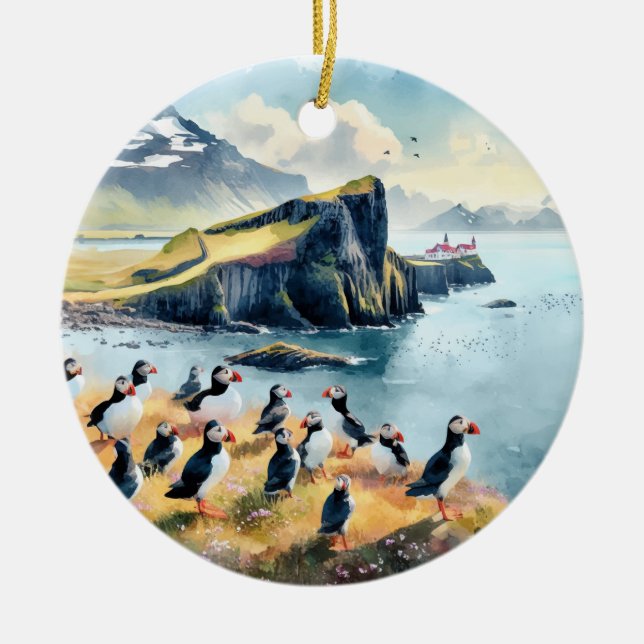 Vik Island Puffins Wasserfarbe Keramik Ornament (Vorne)