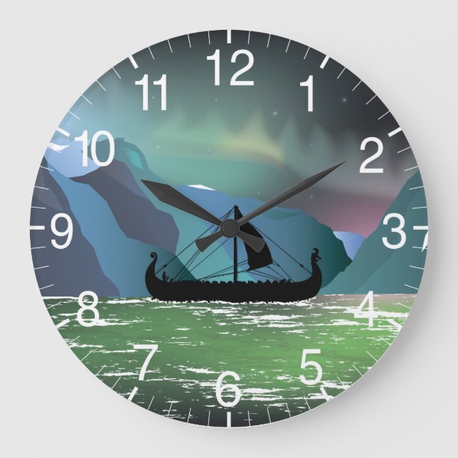 Viking Boat, Norwegischer Fjord Große Wanduhr (Vorderseite)