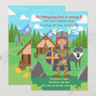 Viking Boy Krieger und Begleiter Wolf Geburtstagsp Einladung