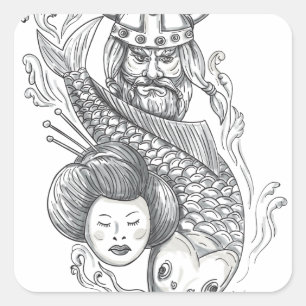 Viking Carp Geisha Head Tattoo Quadratischer Aufkleber