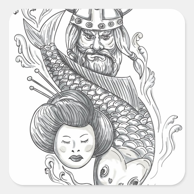 Viking Carp Geisha Head Tattoo Quadratischer Aufkleber (Vorderseite)