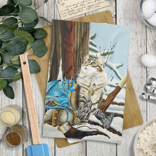 Viking Cat Blue Dragon Geschirrtuch (Von Creator hochgeladen)