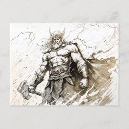 Viking Deity Sketch Pen Drawing of Norse God Thor Postkarte