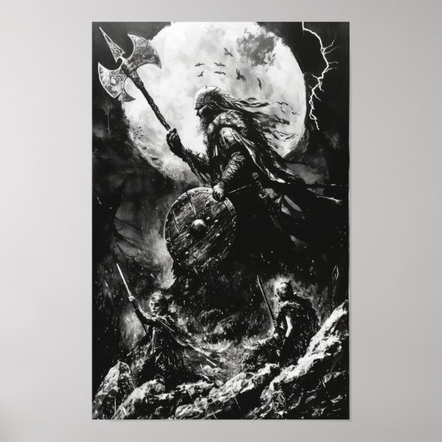 Viking Fury Black and White Acrylic Illustration P Poster (Vorne)