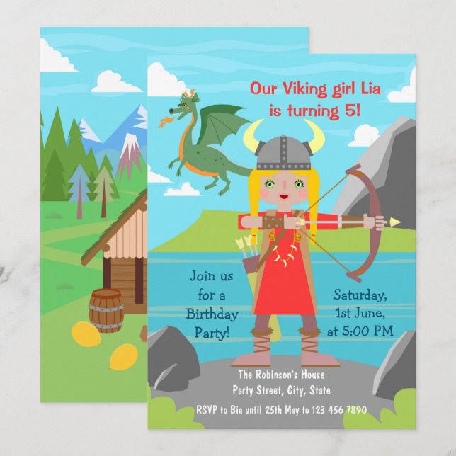 Viking Girl mit Dragon Birthday Party Einladung (Vorne/Hinten)