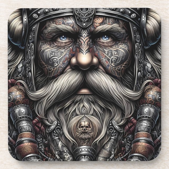Viking-Krieger-Kork-Untersetzer-Set aus 6 Stück Getränkeuntersetzer (Vorderseite)