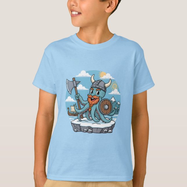 Viking Octopus Cartoon Funny Boys | Girls Skyblue T-Shirt (Vorderseite)