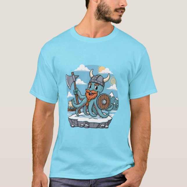 Viking Octopus Cartoon Funny Womens | Mens Skyblue T-Shirt (Vorderseite)