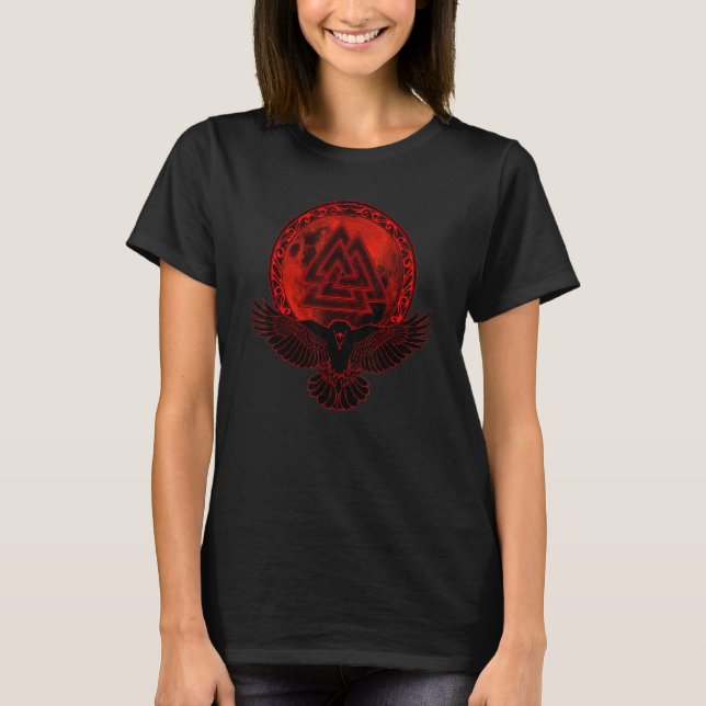 Viking Raven Valknut Symbol und Mond T-Shirt (Vorderseite)