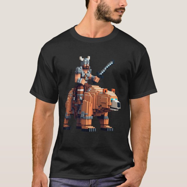 Viking Riding Bear Block Style Pixel Art Gamer Gra T-Shirt (Vorderseite)