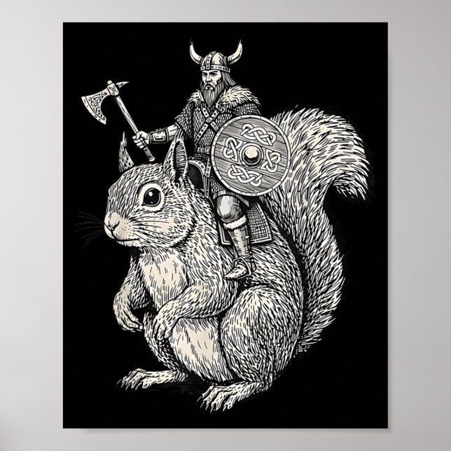 Viking Riding Squirrel Funny Warrior Art  Poster (Vorne)