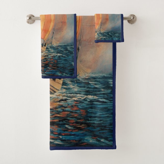 Viking Schiff/Langboot in Segel auf ozeanblau trim Badhandtuch Set (Insitu)