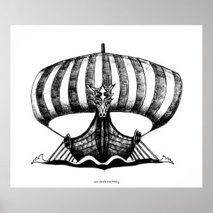 Viking ship pen ink drawing art poster