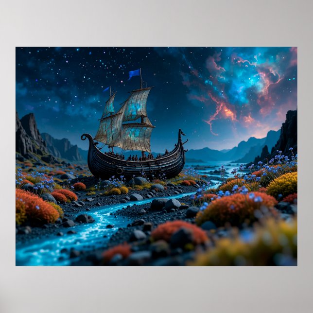 Viking Ship unter einem Sternenhimmel Poster (Vorne)