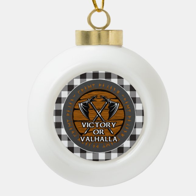 Viking Sieg oder Valhalla Crossed Ax Runes Kariert Keramik Kugel-Ornament (Vorderseite)