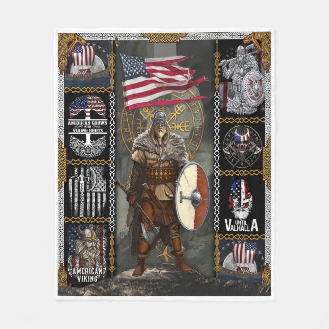 Viking Warrior Stehend für amerikanische Flagge Fleecedecke (Vorderseite)