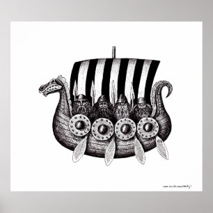 Vikings in Schwarz-Weiß-Tinte in Drekar zeichnend Poster