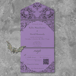Viktorianisch bis zum Tod Schwarz Lila Hochzeit QR All In One Einladung