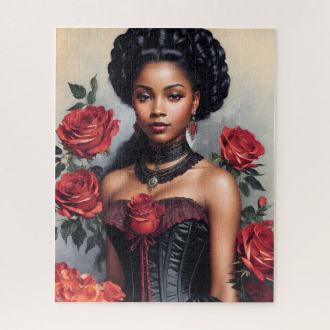Viktorianisch Black Girl Rote Rosen Goth Portrait Puzzle (Vertikal)