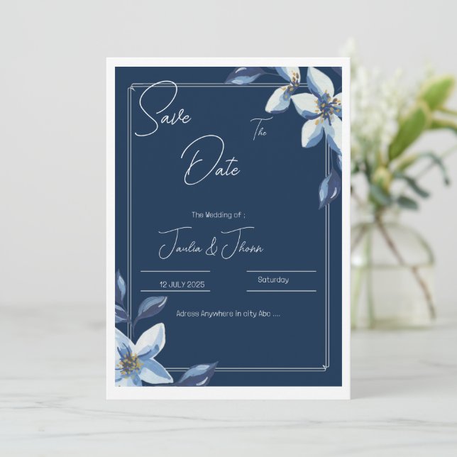 Viktorianisch Blue Floral Dusty Blue Wedding Rette Save The Date (Stehend Vorderseite)