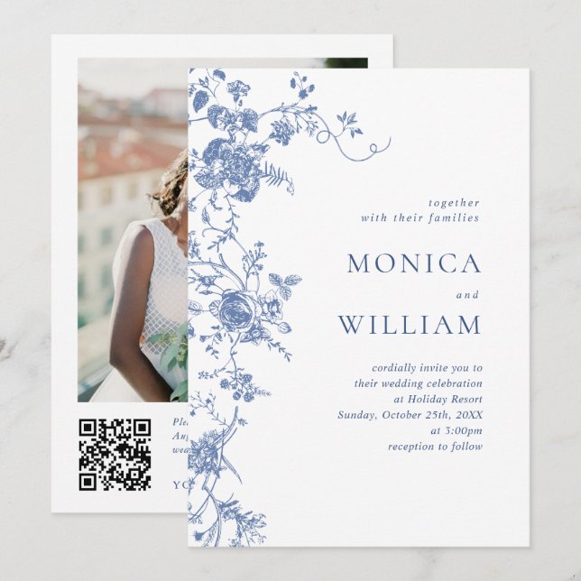 Viktorianisch Blue French Garden QR Code Foto Wedd Einladung (Vorne/Hinten)