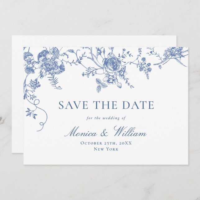 Viktorianisch Blue French Rose Garden QR-Code Hoch Save The Date (Vorne/Hinten)