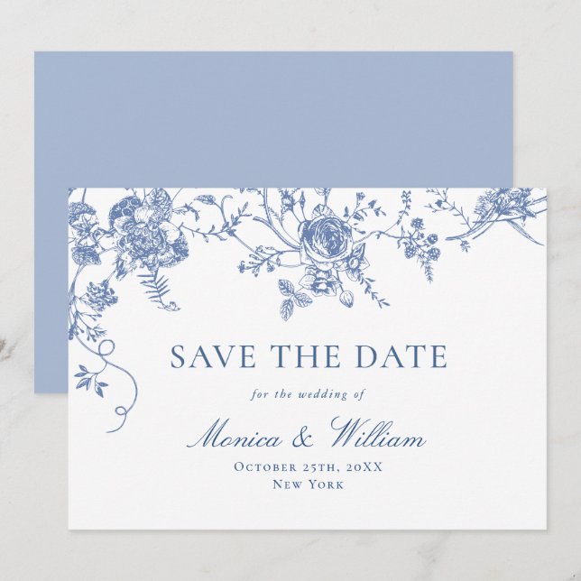 Viktorianisch Blue French Rose Garden Save The Date (Vorne/Hinten)