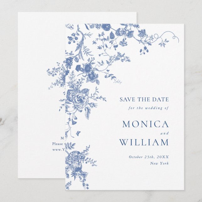 Viktorianisch Blue French Toile Garden Save The Date (Vorne/Hinten)