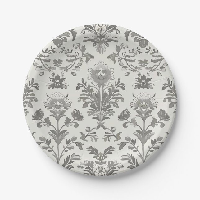 Viktorianisch Damask Blumenweiße Vintage Hochzeit Pappteller (Vorderseite)