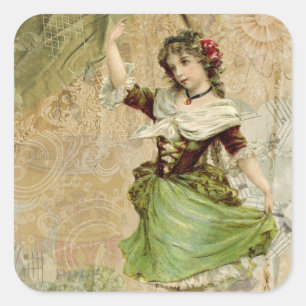 Viktorianisch Dancing Girl Green Rote Rose Sticker