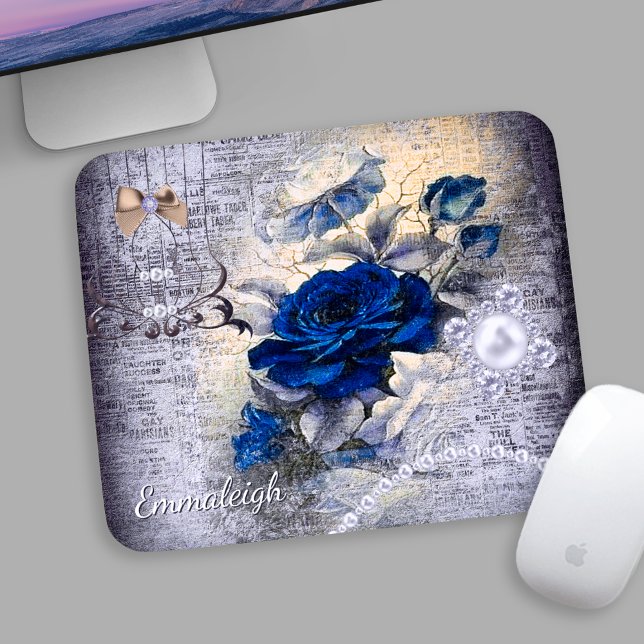 Viktorianisch Dunkelblaue Rose Ephemera Monogram Mousepad (Von Creator hochgeladen)