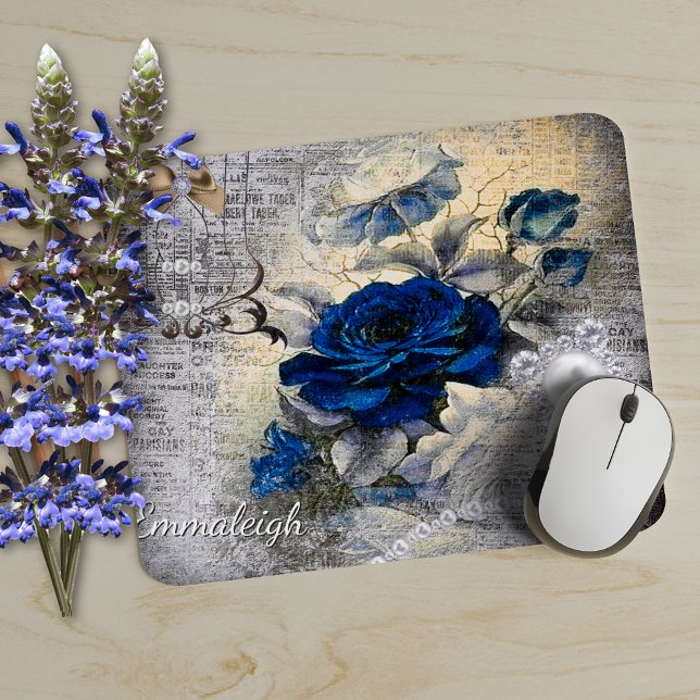 Viktorianisch Dunkelblaue Rose Ephemera Monogram Mousepad (Von Creator hochgeladen)