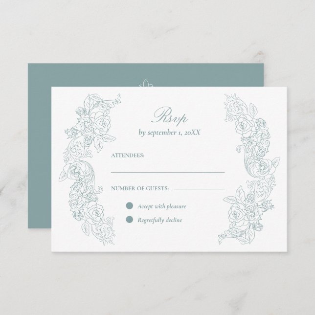 Viktorianisch Dusty Blue Wedding RSVP Karte (Vorne/Hinten)