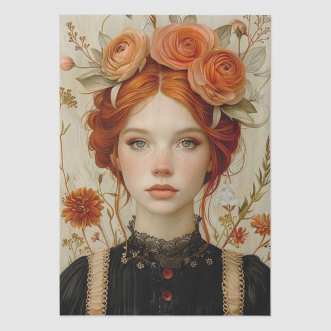 Viktorianisch Era Lady Floral Headdress Decoupage Seidenpapier (Vorderseite)