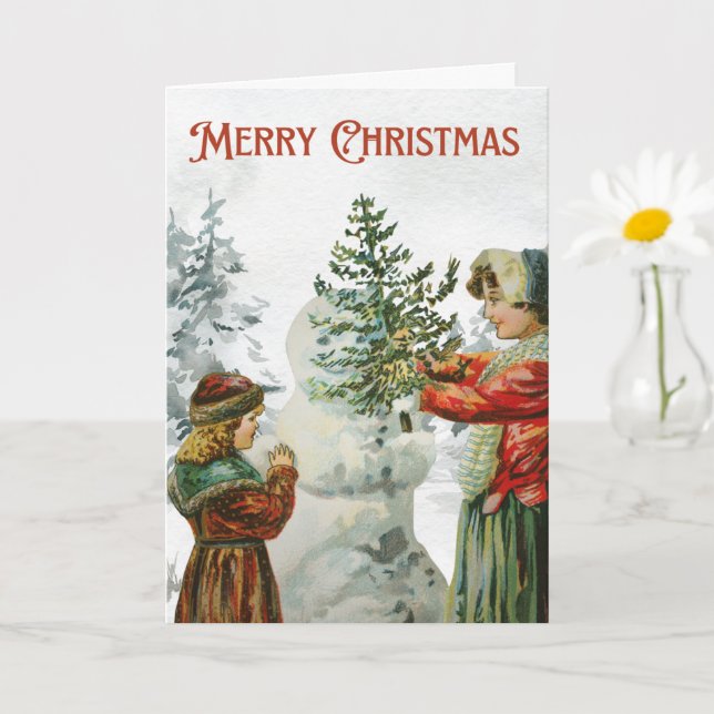 Viktorianisch Girls Gebäude a Snowman Karte (Kleine Pflanze)