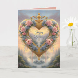 Viktorianisch, goldenes Herz mit Blumen und Spruch Karte