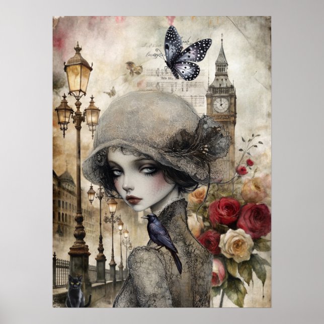 Viktorianisch Gothic Girl & Florals London Poster (Vorne)