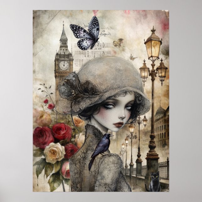 Viktorianisch Gothic Girl & Florals London Poster (Vorne)