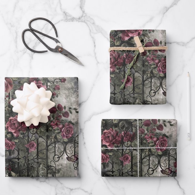 Viktorianisch Gotische Gartenmuster Rose Muster Geschenkpapier Set (Vorderseite)