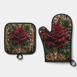 Viktorianisch-gotisches Floral Ofenhandschuh & Topflappen-Set