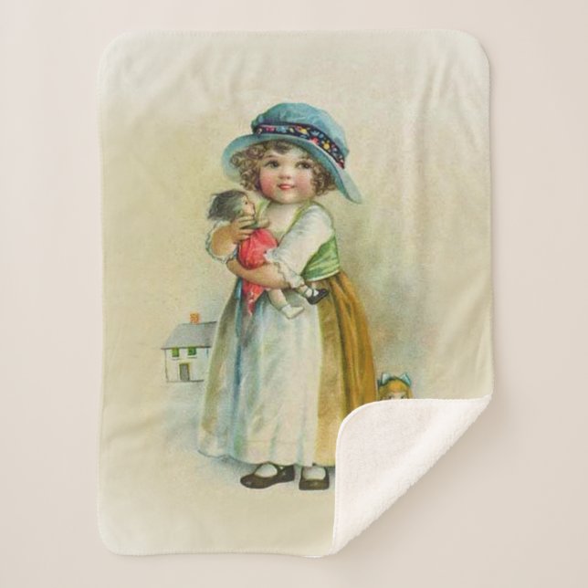 Viktorianisch Little Girl Blue Hat Holding Dolls T Sherpadecke (Vorderseite)