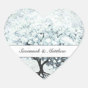 Viktorianisch Love Bird Blue Damask Herzleaf Tree Herz-Aufkleber