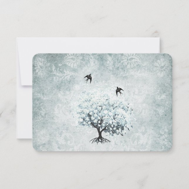 Viktorianisch Love Bird Blue Damask Herzleaf Tree RSVP Karte (Vorderseite)
