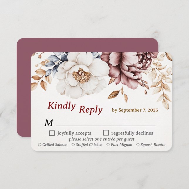 Viktorianisch Peony Luxe Wedding RSVP Card Wahlmen (Vorne/Hinten)